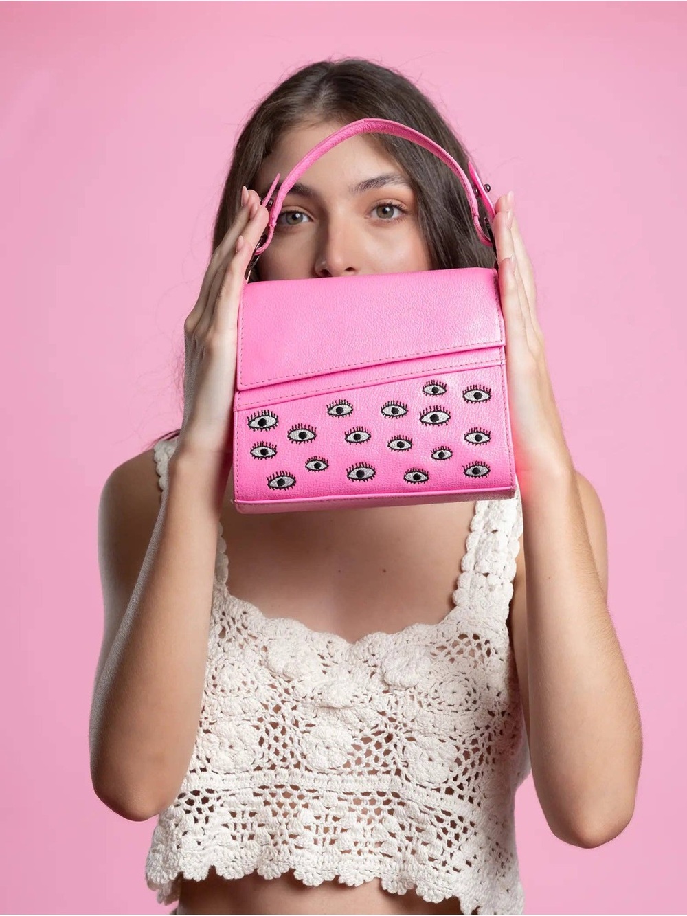 Min & Mon Anastasio Micro Crossbody Embroidery Leather Handbag in Bubblegum Pink